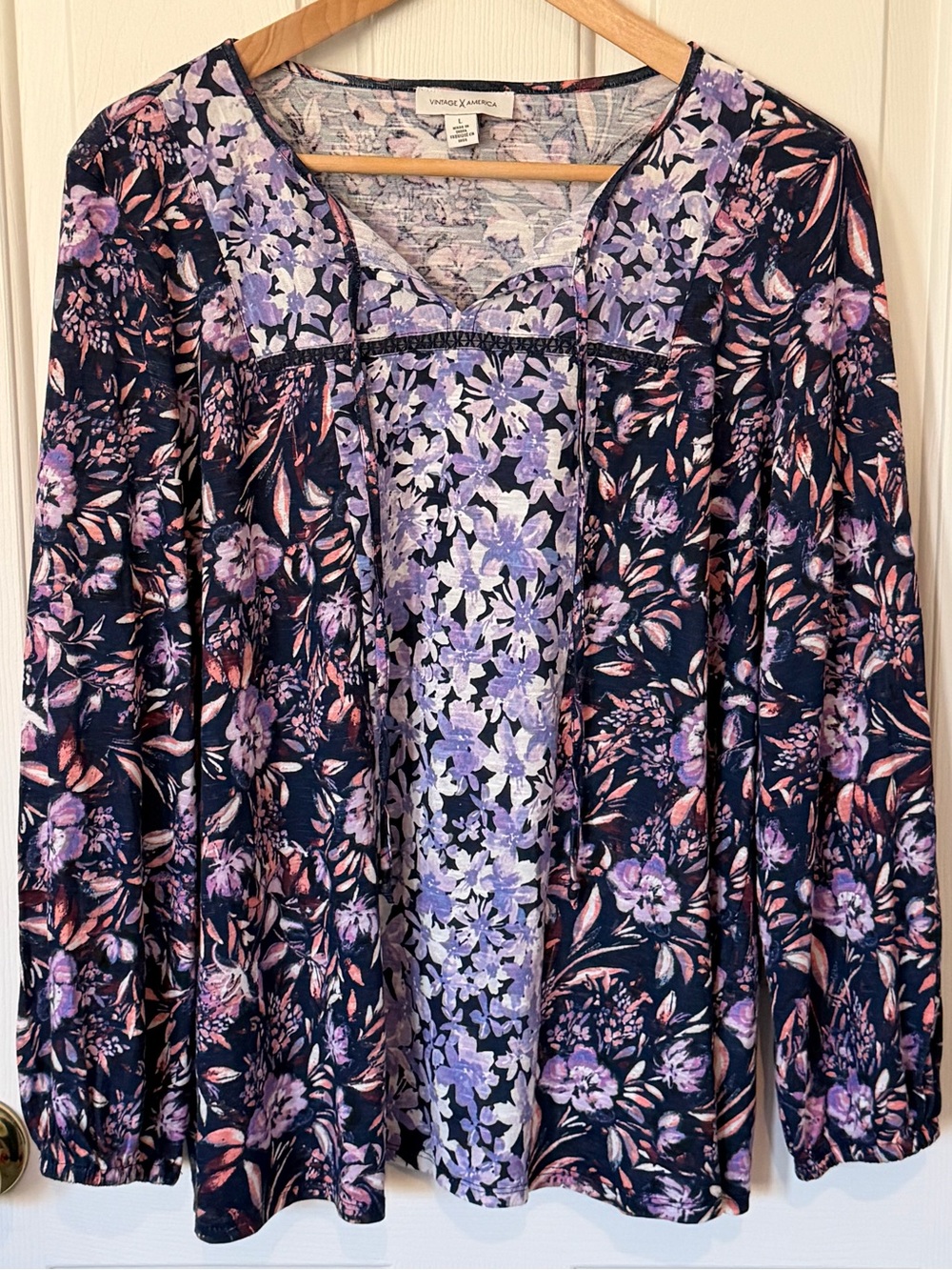 Vintage America Floral Tunic Top in Navy, Lavender and Pink